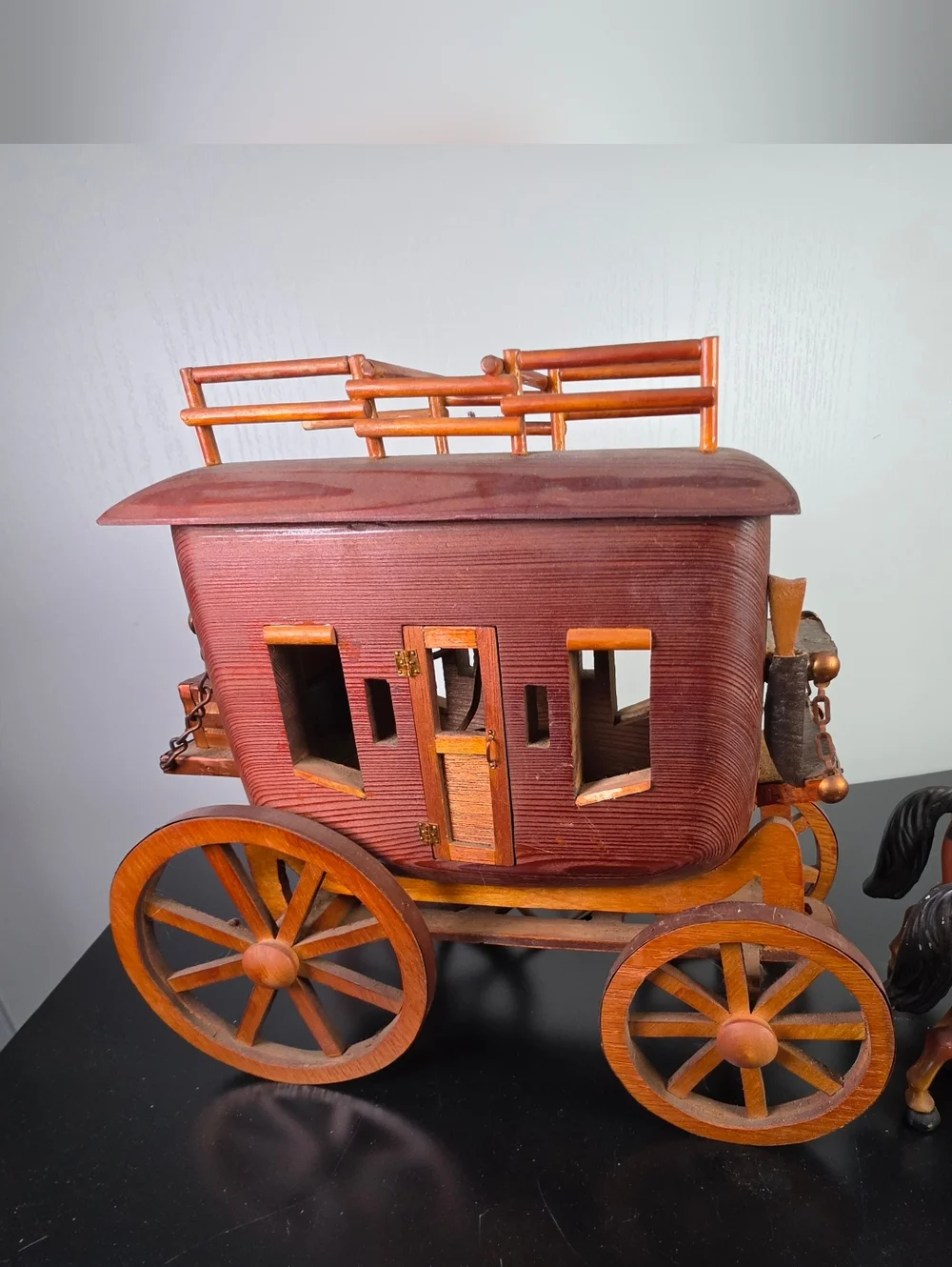 Wooden Stagecoach and Pair of Horses - Brown and Black